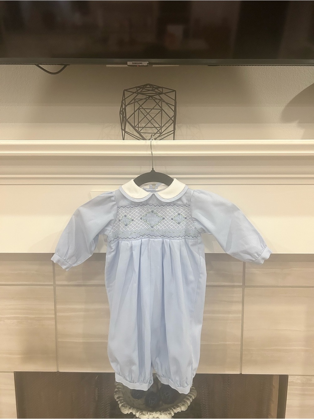 Vintage Style Hand Smocked Baby Boy Bubble Romper, 9M Blue-Peter Pan Collar EUC